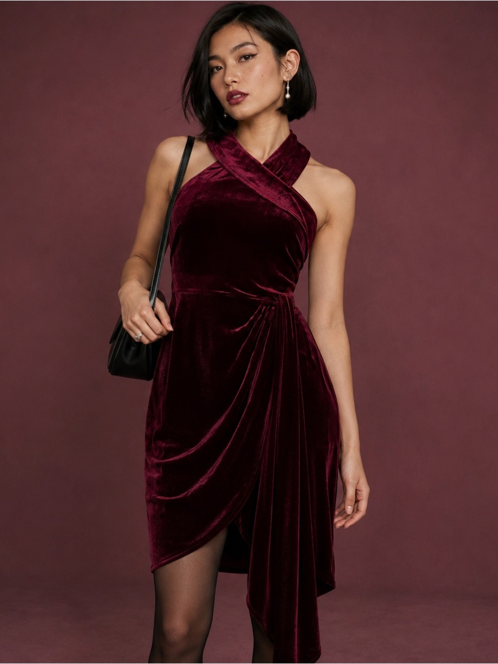 Belle Badgley Mischka Jade Velvet Halter Dress Wine Size 12 NWT